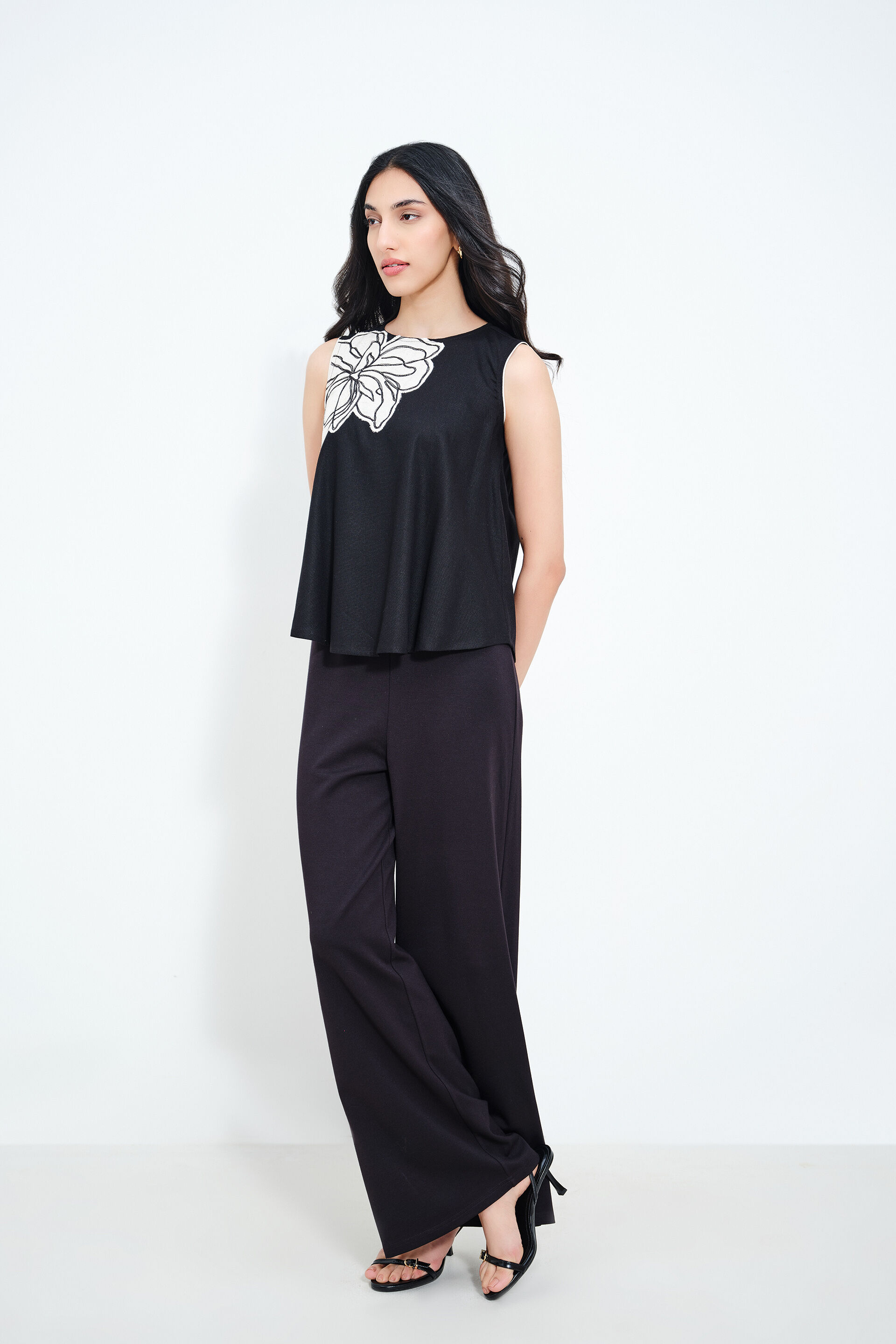 Night Garden Embroidered Black Linen Top, Black, image 3